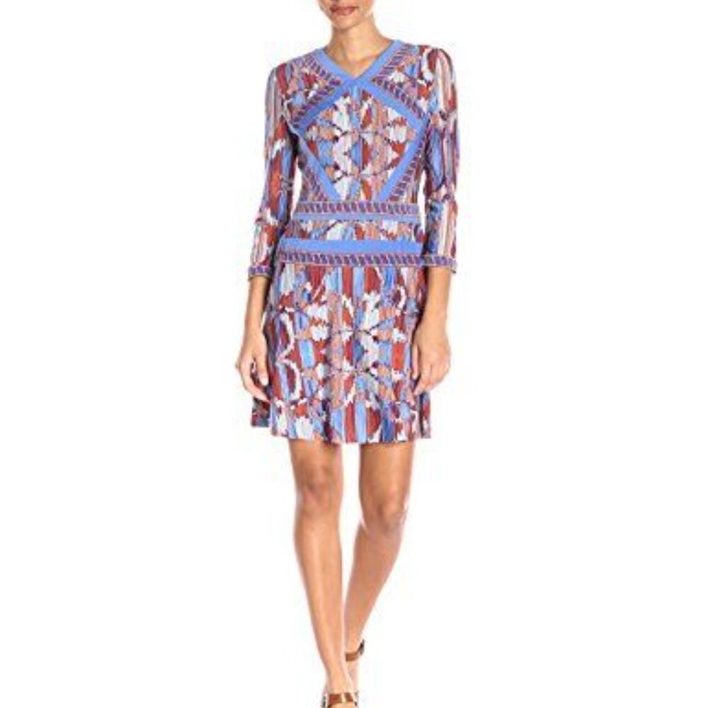 BCBG Maxazria Small Damika Dress Blue Boho 3/4 Sleeve Stretchy Knit Womens